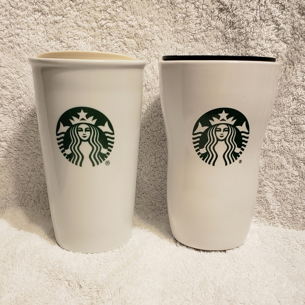 Starbucks Set Of 2 Mermaid Ceramic Tumbler Coffee Mug W/acrylic Lid